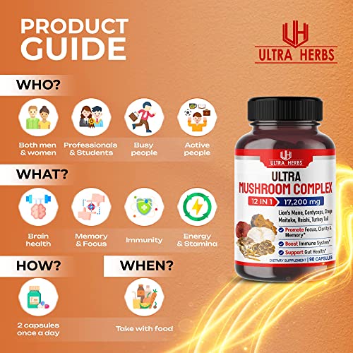 Ultra Mushroom Complex 17200MG Lion's Mane 4000mg Cordyceps 2000mg Maitake ULTRA HERBS