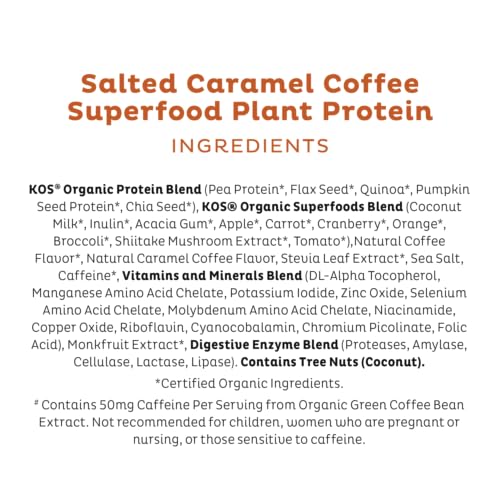 KOS Organic Vegan Protein Powder with 50mg Caffeine, Salted Caramel Coffee
