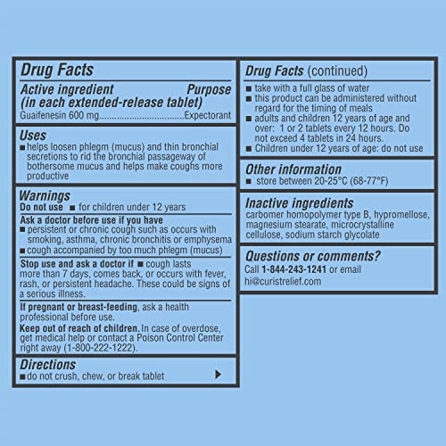 Curist Guaifenesin 600 mg Extended Release Tablets (300 Dye-Free Tablets) - Expectorant
