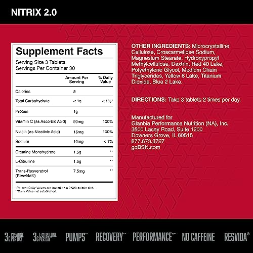 BSN NITRIX 2.0 - Nitric Oxide Precursors, 3g Creatine, 3g L Citrulline - Supports Workout