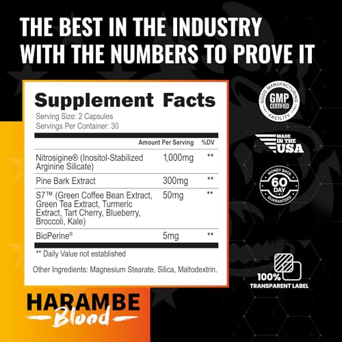 Harambe Pump - Nitric Oxide Supplement with Nitrosigine, S7, and BioPerine - Best Pre Workout Pump Pills - Top Vasodilator & NO Booster -