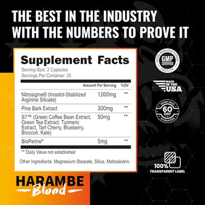 Harambe Pump - Nitric Oxide Supplement with Nitrosigine, S7, and BioPerine - Best Pre Workout Pump Pills - Top Vasodilator & NO Booster -