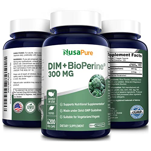 NusaPure DIM 300mg with Bioperine - 200 Veg caps (Non-GMO, Vegan, Gluten-Free) Diindolylmethane NusaPure