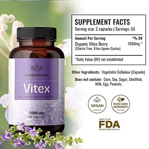 HERBAMAMA Vitex Supplement for Women - Organic Vitex Chasteberry Pills - Vegan Supplements HERBAMAMA