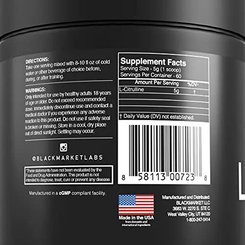 BlackMarket RAW L-Citrulline - Workout Powder Drink Mix for Men & Women, Improve Blood Flow & Performance, Cardiovascular Health Supplement, Reduces Fatigue & Improves Endurance, 300 Grams