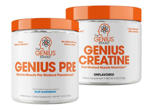 Genius Pre Workout Powder, Blue Razz, and Genius Micronized Creatine Monohydrate