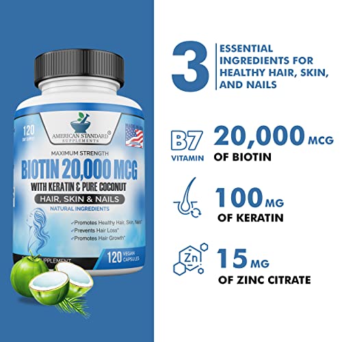 Biotin 20,000mcg with Keratin, Organic Coconut and Zinc, Hair Growth Supplements, Biotin American Standard Supplements