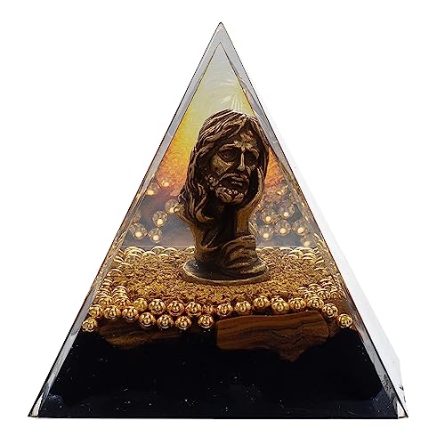 FENGSHUI-CAISHEN Mini Jesus Figurine in Healing Crystal Orgone Pyramid - Obsidian Tiger's Eye FENGSHUI-CAISHEN