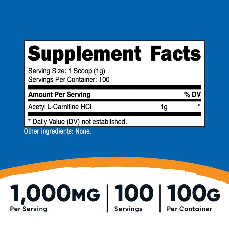 Nutricost Acetyl L-Carnitine (ALCAR) 100 Grams - 1000mg Per Serving - Non-GMO, Gluten Free Nutricost