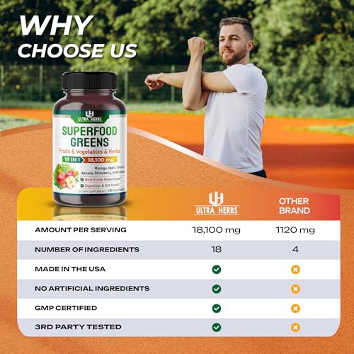 Superfood Greens 18 IN 1 - 18,100mg with Fruits & Vegetables & Herbs -Moringa, Alfalfa ULTRA HERBS