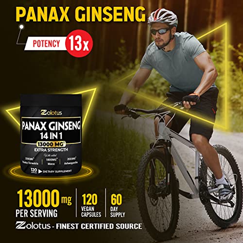 Premium Panax Ginseng 14 in 1, 13X Potency, High Strength Capsules with Horny Goat Weed Zolotus