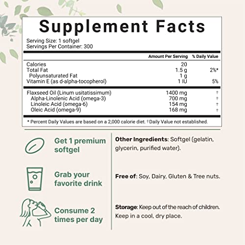 Flaxseed Oil 1400mg Softgels, 300 Counts | w/ 700mg ALA Omega 3, Cold Pressed