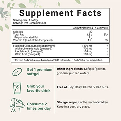 Flaxseed Oil 1400mg Softgels, 300 Counts | w/ 700mg ALA Omega 3, Cold Pressed