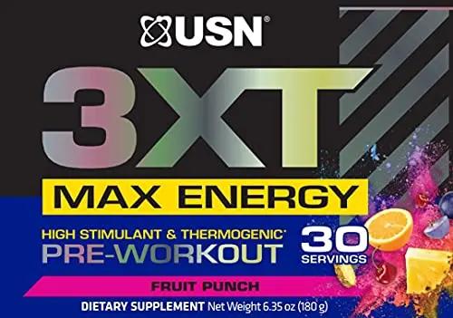 USN 3XT Max Pre-Workout Supplement Drink Mix Powder for Energy, Endurance and Pump, Nitric Oxide, Citrulline, Caffeine, Zero Creatine, Fruit Punch, 6.3493 Oz