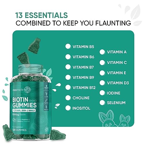 Biotin Gummies 5000mcg - with Vitamin A, B, C, D, E & Selenium – 120 Hair Nails and Skin maxmedix