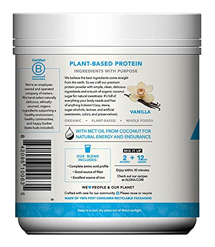 ALOHA Organic Plant Based Protein Powder, Stevia Free, Vanilla, 19.6 oz, 15 Servings ALOHA