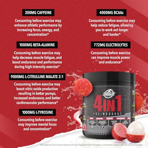 High IQ Nutrition 4 in 1 Lychee Flavored Pre Workout Powder 200mg Caffeine | Energy, Focus, Endurance, Electrolytes, Amino Acids, Beta-Alanine, & BCAAs | Men & Women | 30 Servings | 1.3 lbs.