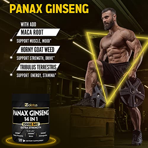 Premium Panax Ginseng 14 in 1, 13X Potency, High Strength Capsules with Horny Goat Weed Zolotus