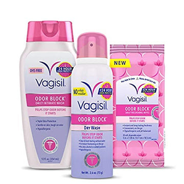 Vagisil Odor Block Multipack for Women, Daily Intimate wash, 20 Feminine Wipes, and Dry Wash