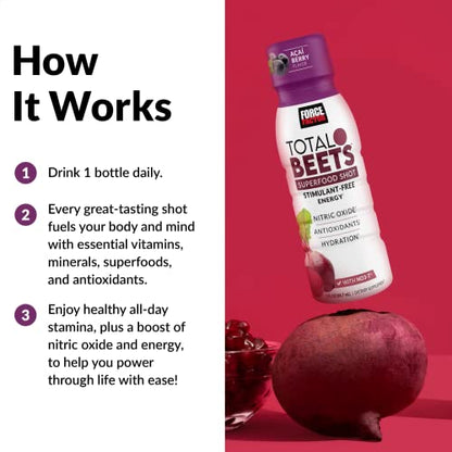 Force Factor Total Beets Superfood Shots for Healthy All-Day Stamina, Energy Drink Alternative with Beet Root Powder, Vitamins, & Antioxidants, Nitric Oxide Energy Shot, Açaí Berry, 3 Fl Oz (6-Pack)