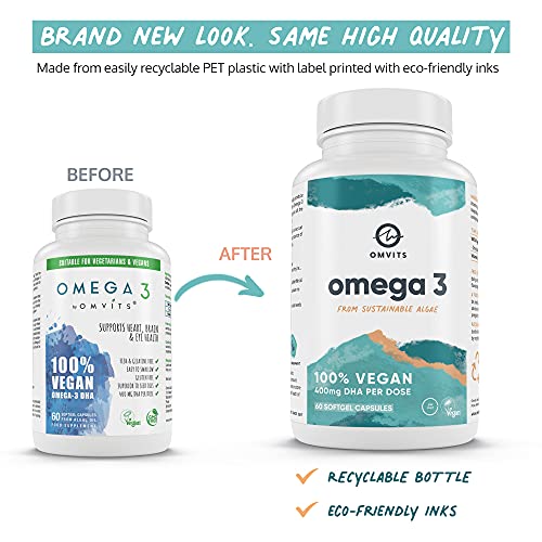 Omvits Vegan Omega 3 DHA from Algae Oil 1000mg - 60 Softgel Capsules with Vitamin E