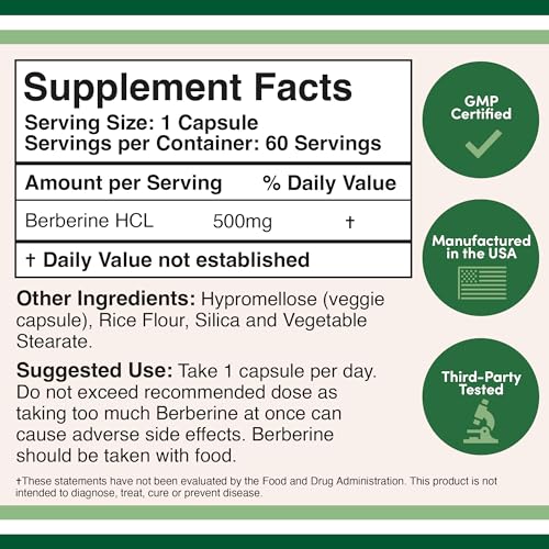 Berberine Supplement 500mg, 60 Capsules (Third Party Tested, Manufactured in The USA Double Wood Supplements