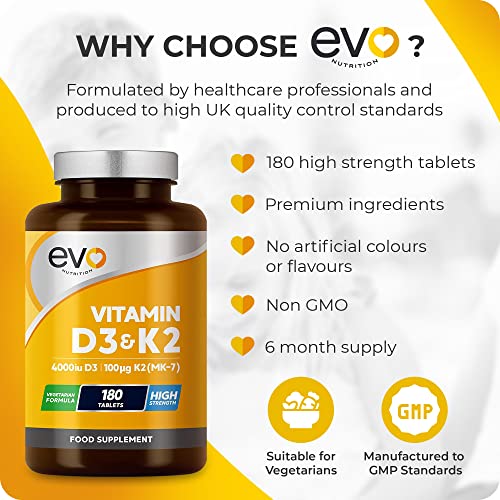 Vitamin D3 4000iu & Vitamin K2 100ug (MK7) |180 Vegetarian Tablets | 1-A-Day | 6 Month