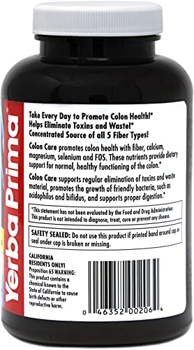 Yerba Prima Prebiotics Colon Care Fiber Caps, 180 Capsules - Five Forms of Fiber Plus FOS