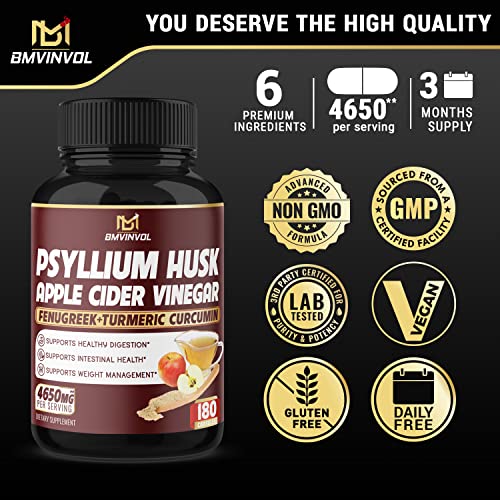 BMVINVOL Psyllium Husk Fiber Supplement 4650mg - Apple Cider Vinegar, Fenugreek 