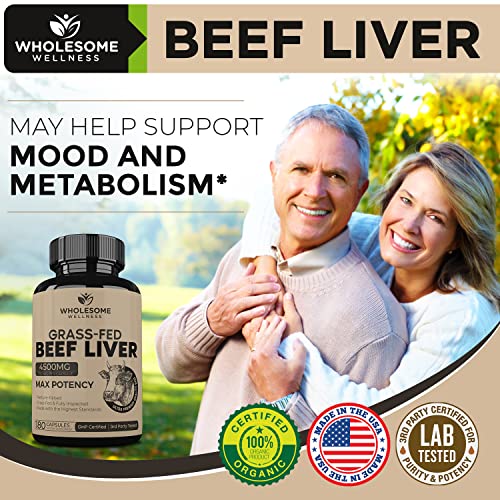 Grass Fed Desiccated Beef Liver Capsules (180 Pills, 750mg Each) - Natural Iron, Vitamin A Wholesome Wellness