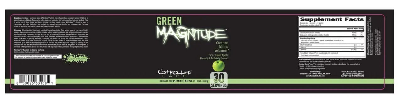 CONTROLLED LABS Green Magnitude Supplement, Synergistic Creatine Formula Powder, Promotes Strength, Stamina, and Performance, (Sour Green Apple, 30 Servings)