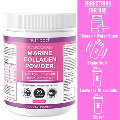Hydrolysed Marine Collagen Peptides Powder with Hyaluronic Acid, Biotin, Vitamin C & B Vitamins – 10,000mg Collagen