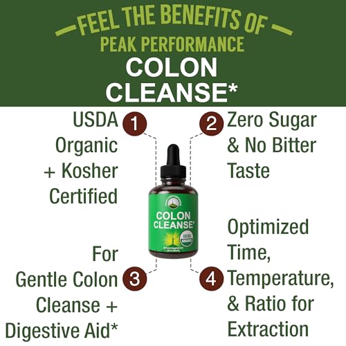 USDA Organic Colon Cleanse Liquid Drops. Vegan, Kosher Colon Cleanser & Detox Supplement Peak Performance