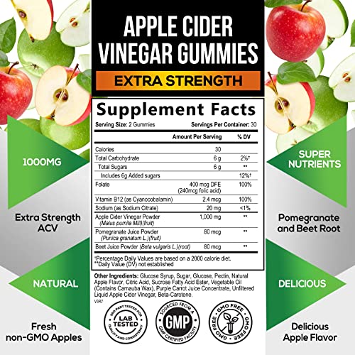 Vegan Apple Cider Vinegar Gummies | Max Strength 1000mg | ACV Supplement Gummy for Adults