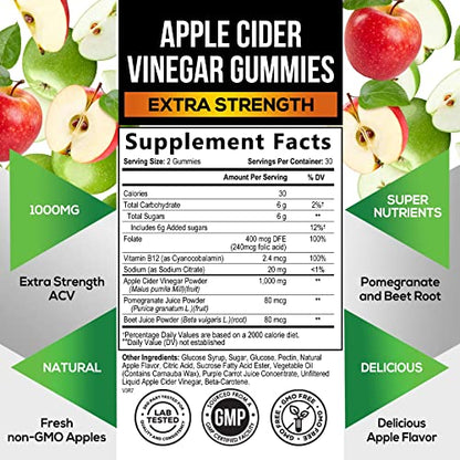 Vegan Apple Cider Vinegar Gummies | Max Strength 1000mg | ACV Supplement Gummy for Adults