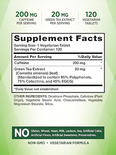 Caffeine Pills | 220mg | 120 Count | with Green Tea Extract | Vegetarian, Non-GMO & Gluten