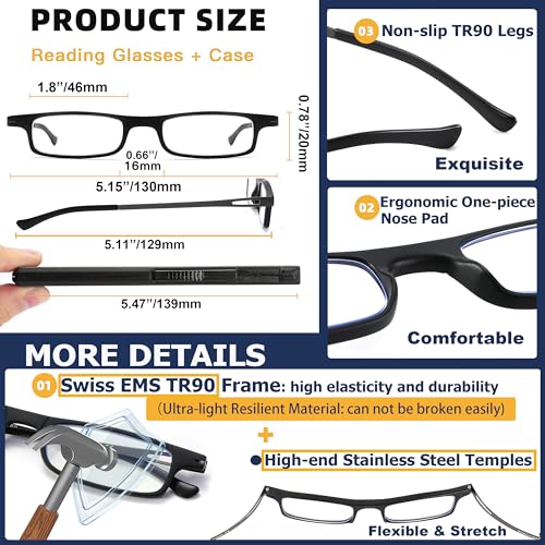 TOVEEN 2 Pack Compact Reading Glasses Anti Blue Light UV, Ultra-thin Slim TR90 Readers