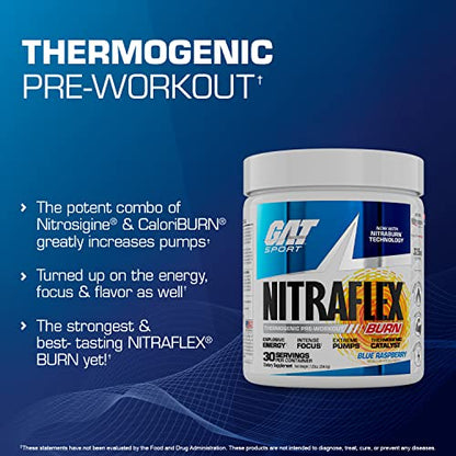 GAT SPORT NITRAFLEX Burn, Pre Workout Thermogenic Powder, Apple Melon, 30 Servings