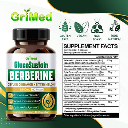 GriMed Berberine Supplement 9,500mg with Ceylon Cinnamon Bitter Melon Supports Healthy