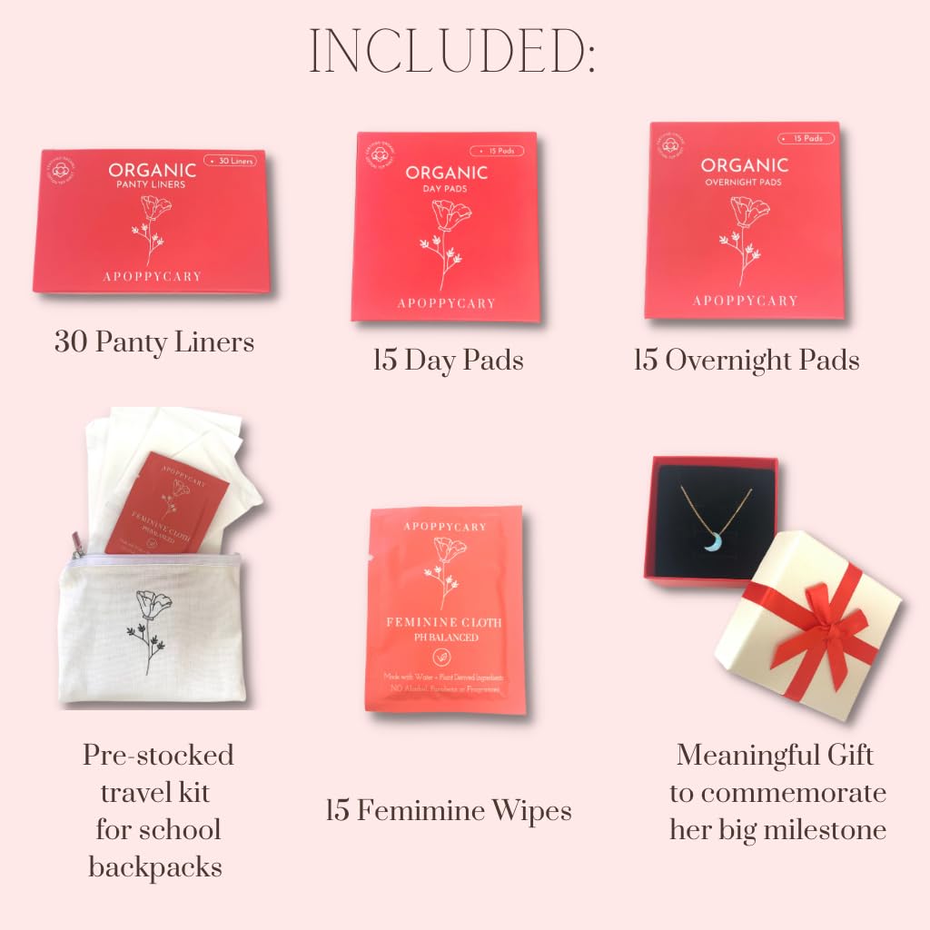 Organic 77 PC Period Kit Moon Box for Teens and Tweens - Organic Cotton Top Sheet Feminine Pads APOPPYCARY
