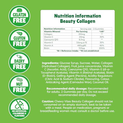 Chewy Vites Beauty Collagen 60 Gummy Vitamins |Hydrolised Collagen, CoQ10, Biotin + Vitamins | 1 Month Supply | Real Fruit Juice | Berry Flavour | 2-a-Day |