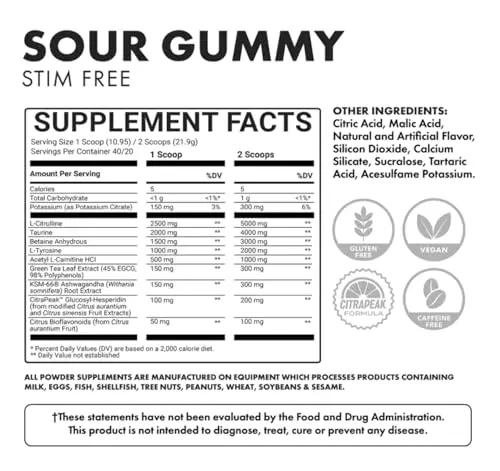 BOWMAR NUTRITION Non Stimulant Pre Workout, Pre Workout Powder, Pump Supplement Great for Men and Women (40/20 Servings) (Sour Gummy)