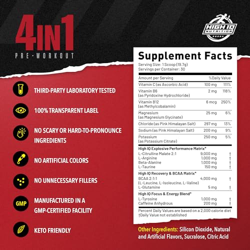 High IQ Nutrition 4 in 1 Lychee Flavored Pre Workout Powder 200mg Caffeine | Energy, Focus, Endurance, Electrolytes, Amino Acids, Beta-Alanine, & BCAAs | Men & Women | 30 Servings | 1.3 lbs.
