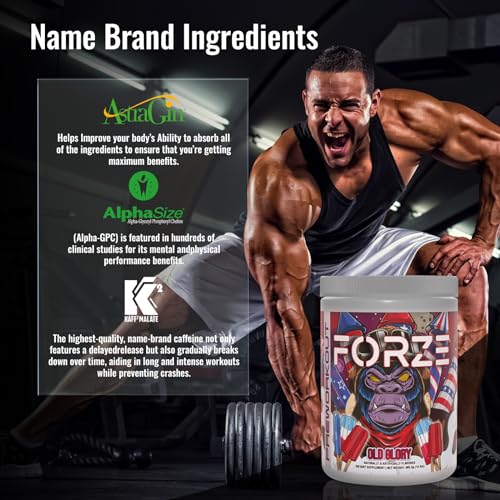 Forze Pre Workout Powder, Beta Alanine, L-Taurine & Dual-Source Caffeine for Sustained Energy. Himalayan Pink Salt, Betaine Anhydrous & L-Citrulline for Pump. No Useless Filler - 14.3 oz (Old Glory)