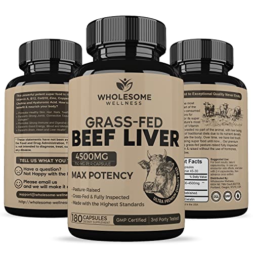 Grass Fed Desiccated Beef Liver Capsules (180 Pills, 750mg Each) - Natural Iron, Vitamin A Wholesome Wellness