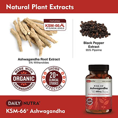 DailyNutra KSM-66 Ashwagandha 600mg Organic Root Extract - High Potency Supplement