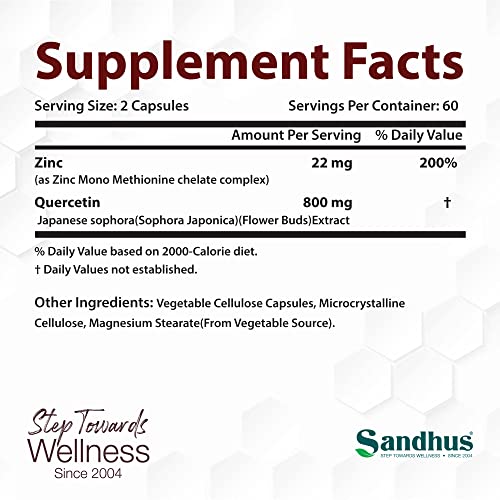 Sandhu's Zinc Quercetin 120 Vegetarian Capsules – Zinc Supplements for Antioxidant Sandhu's