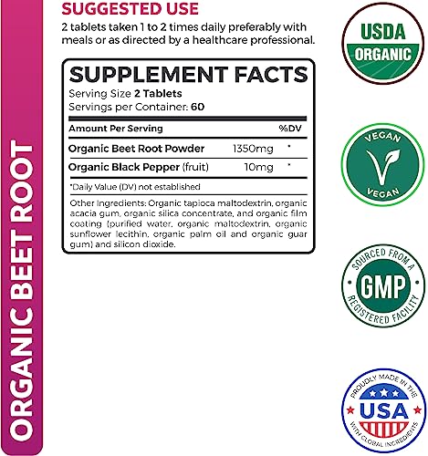 USDA Organic Beet Root Powder (120 Tablets) 1350mg Beets Per Serving with Black Pepper