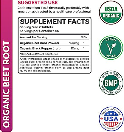 USDA Organic Beet Root Powder (120 Tablets) 1350mg Beets Per Serving with Black Pepper