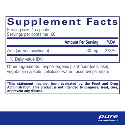 Pure Encapsulations Zinc 30 mg - Highly Absorbable - 60 Capsules